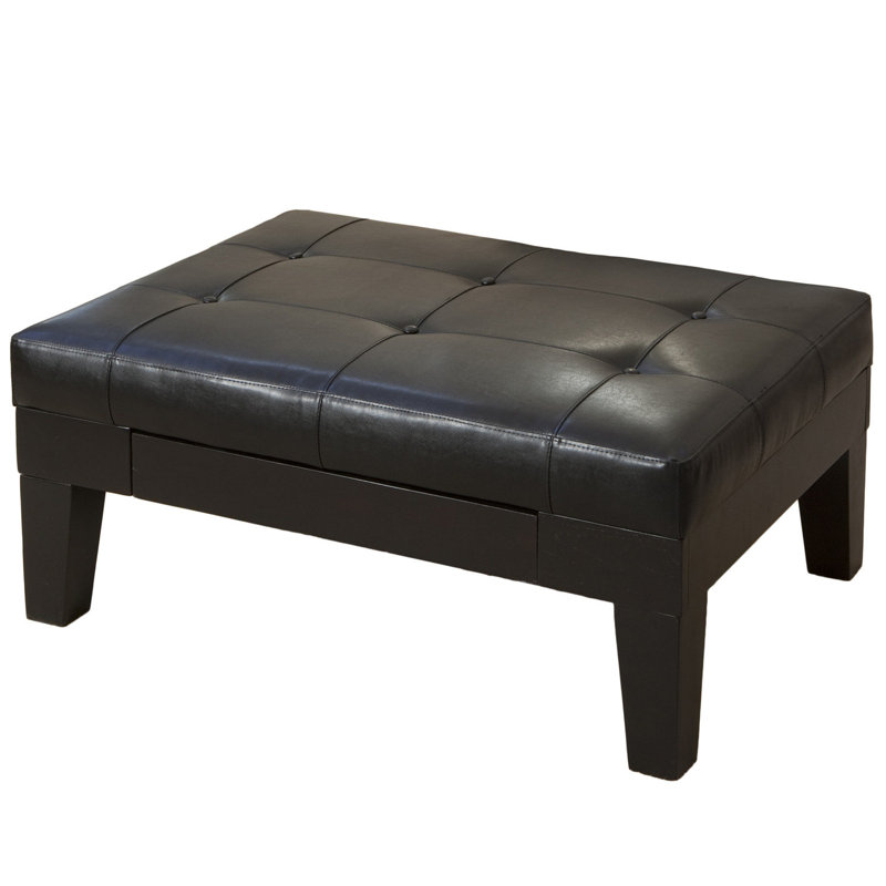 Repose-pieds en cuir PU avec tiroir caché et pieds en bois Brahmsley, Similicuir noir