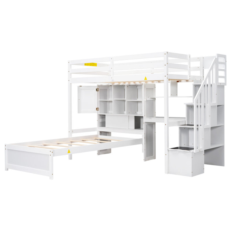 Loft Bed With Built-In Desk And Staircase, White