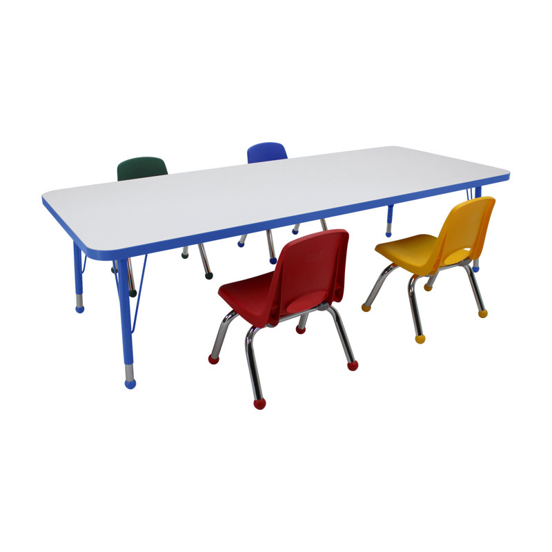 Table d'activités rectangulaire 30 po x 72 po effaçable à sec avec pieds standard et chaises empilables 10 po avec glissières à billes, ensemble de 5 pièces - tableau blanc / bleu / assortis
