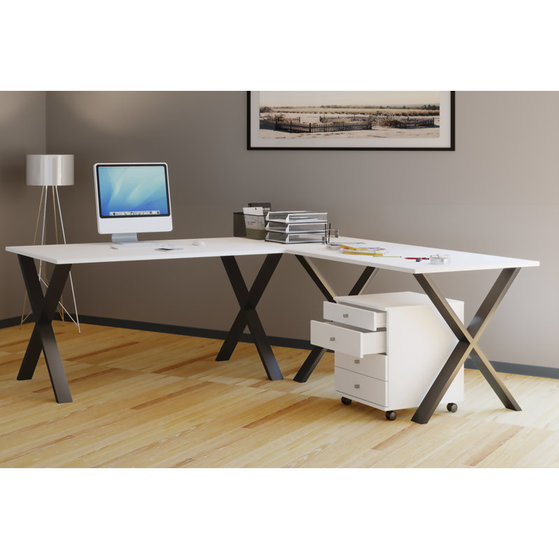 Edford L-Shaped Metal Base Writing Desk, White/Black, 76cm H x 190cm W x 80cm D