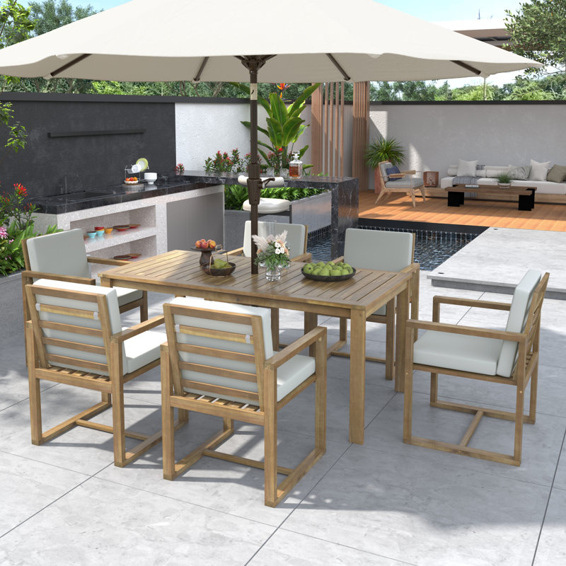 Ensemble repas 7 pièces en bois d'acacia avec coussins amovibles Eastmane, Teck clair