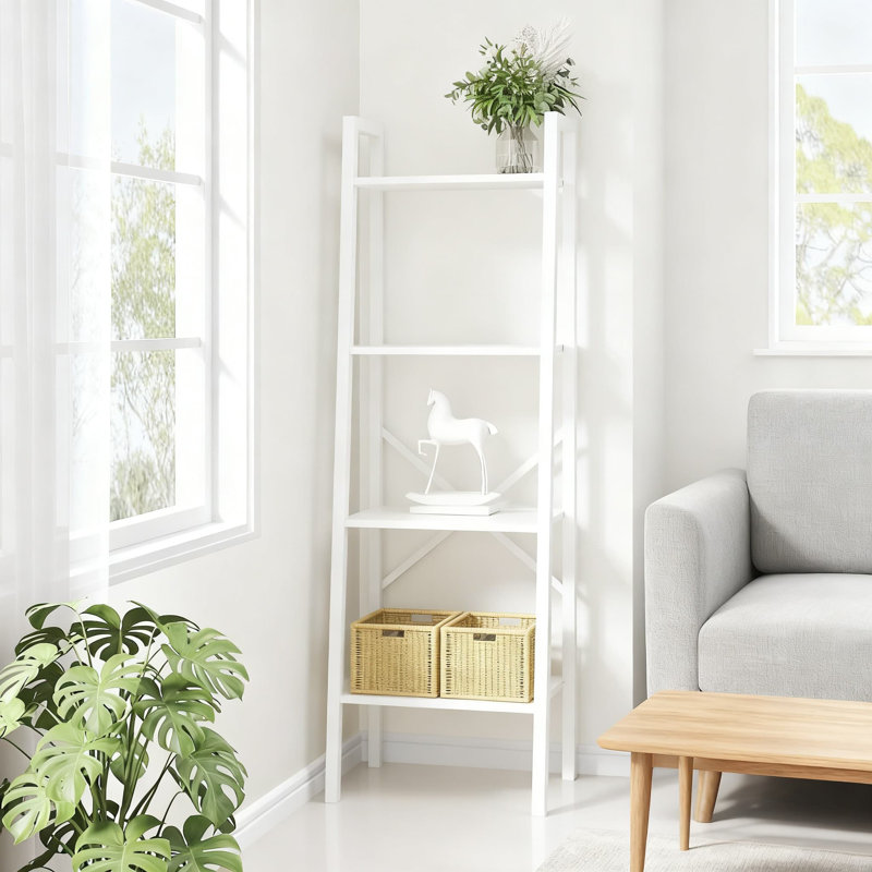 Industrial Ladder Bookshelf With Metal Frame, 4 Tier Tall Narrow Storage Shelf For Living Room, Home Office, Bedroom And Kitchen Display