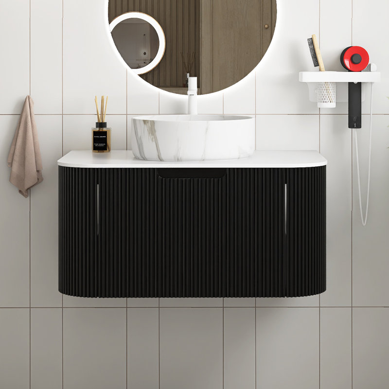 Meuble-lavabo mural avec plateau et tiroir, 30", Noir, Marbre