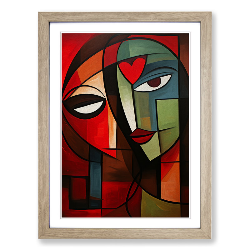 Love Heart Cubism No.3 - Single Picture Frame Print on Wood, Oak, 46cm H x 34cm W x 2cm D