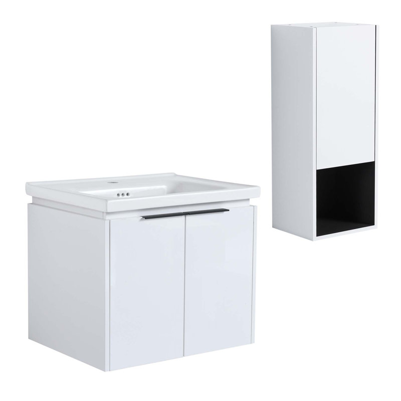 Meuble-lavabo mural 24 po avec lavabo en céramique, armoire latérale et portes à fermeture douce, armoire combinée