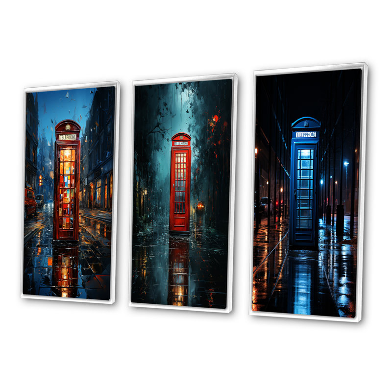 «Red Téléphone Booth Urban Reflections», 3 pièces sur toile, Cadre noir, H 20 po x l 36 po