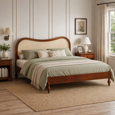 Mid-Century Platform Bed Frame with Curved Rattan Cane Headboard