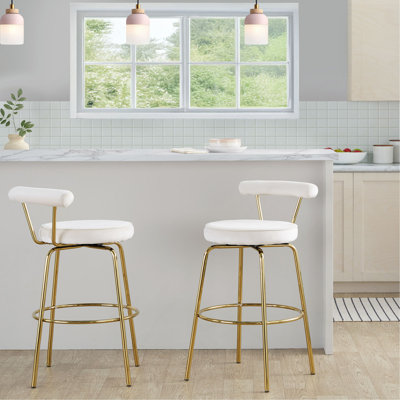 Tabouret de bar à hauteur fixe avec pivot en métal doré et velours crème - ensemble de 2