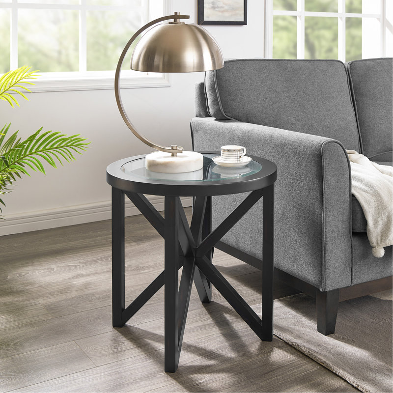 Table basse moderne simple en verre, table basse en verre trempé et base en bois massif, Black