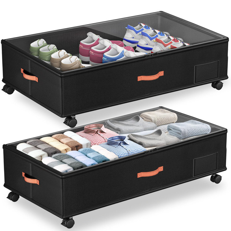 Under Bed Storage With Wheels,2-Pack Under Bed Storage Containers With Clear Lids,XXL 66L Large Under The Bed Storage Organizer Bins With Handles,Space Saving Design For Clothes,Shoes,Books-Black
