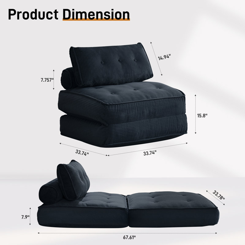 2-In-1 Corduroy Bean Bag Floor Sofa Bed, Black Corduroy
