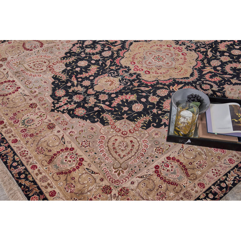 Hand-Knotted Black and Beige Wool Silk Medallion Rug 8' x 10'