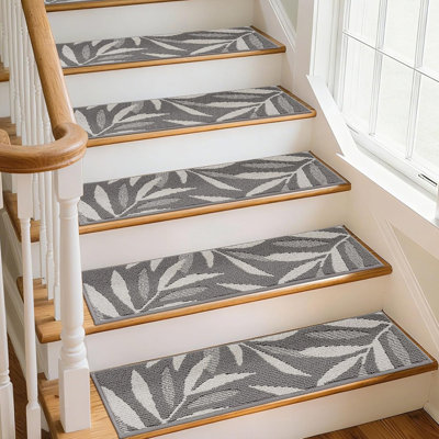 Stair Treads For Wooden Steps With 3D Leaf Pattern,With TPE Backing,Grey