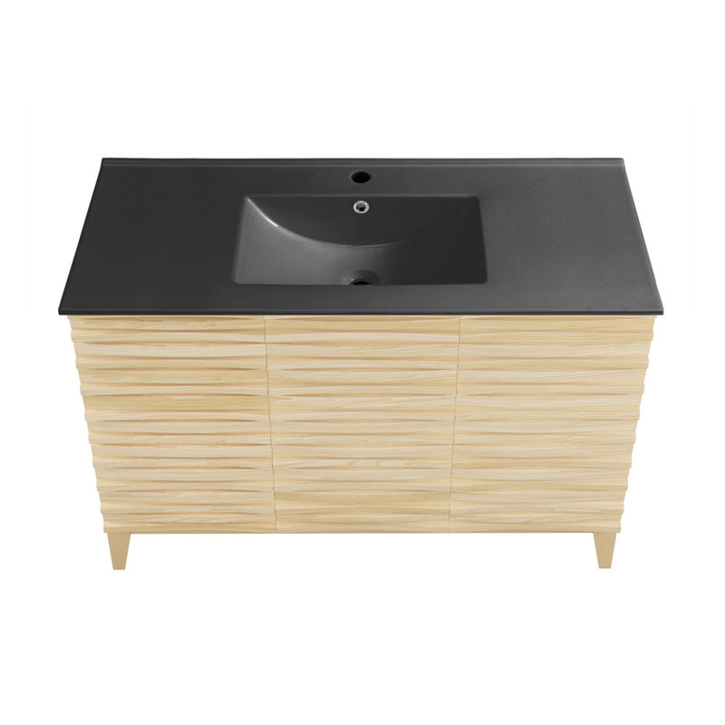 Cascade 48 in. Natural Oak Bathroom Vanity With Black Ceramic Sink Top, Black, Natural Oak, Single-Hole