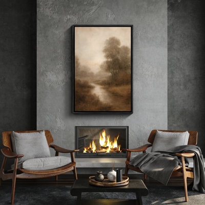 «Soft Misty Riverbank with Autumn Trees», reproduction d'art encadrée