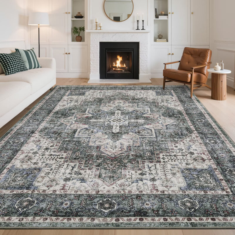 Oriental Machine Washable Area Rugs for Living Room Non-Slip Low Pile Distressed Carpet with Rubber Backing for Bedroom Dining Room Nursey