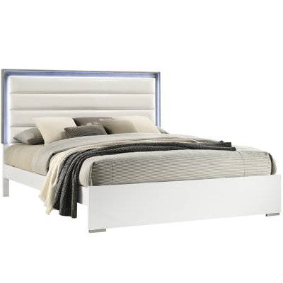 King Size Bed In Contemporary Style, White Wood, Led Headboard, Faux Leather Upholstery, Semi - Gloss Finish For Bedroom Charm Wood Bed, Design, Lit Two Tone Metallic Brushed Silver Fascinating
