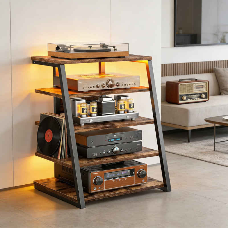 5-Tier Media Console With Built-In Power Strip & LED Lights, Adjustable AV Component Shelf Rack For Stereo, Gaming, And Home Theater Equipment
