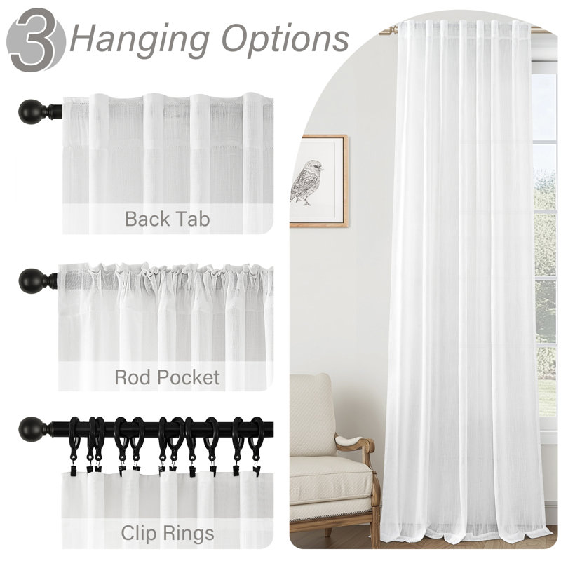 Dennan Linen Curtain Rod Pocket Back Tab,Linen Semi Sheer Curtains for Bedroom, 50" W x 90" L, White
