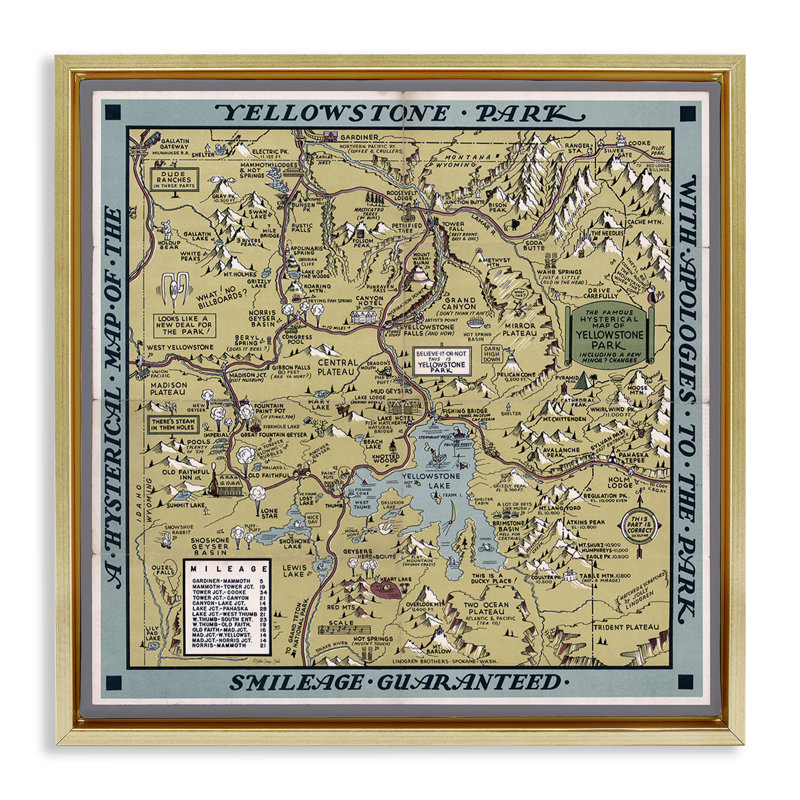 Art mural rétro sur toile flottante encadrée carte de Yellowstone par Stellar Design Studio, H 25 po x l 25 po
