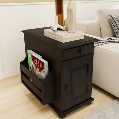 Espresso End Table With Charging Station,Wood End Table With Drawer For Living Room,Built-In Cup Holders & Magazine Holder,Couch Sidetable With Storage,Vintage Nightstand