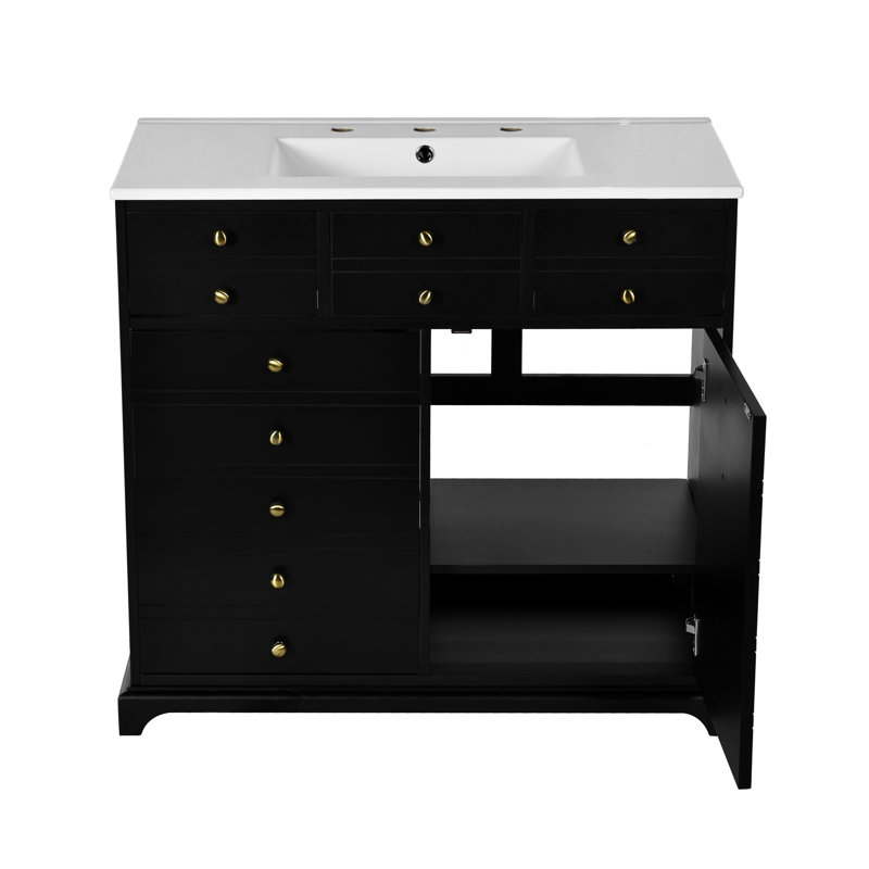  36'' Bathroom Vanity with Ceramic Sink Combo, Solid Wood Frame Freestanding Storage Cabinet with 2 Drawers and Soft Closing Doors, Black