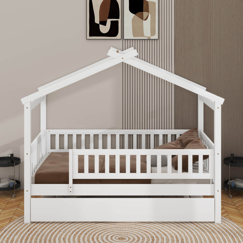 Twin wooden house bed with trundle, Blanc