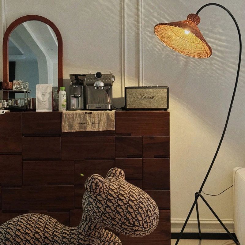 Chinese Vintage-Style Iron (with Baking Paint) & Rattan Floor Lamp