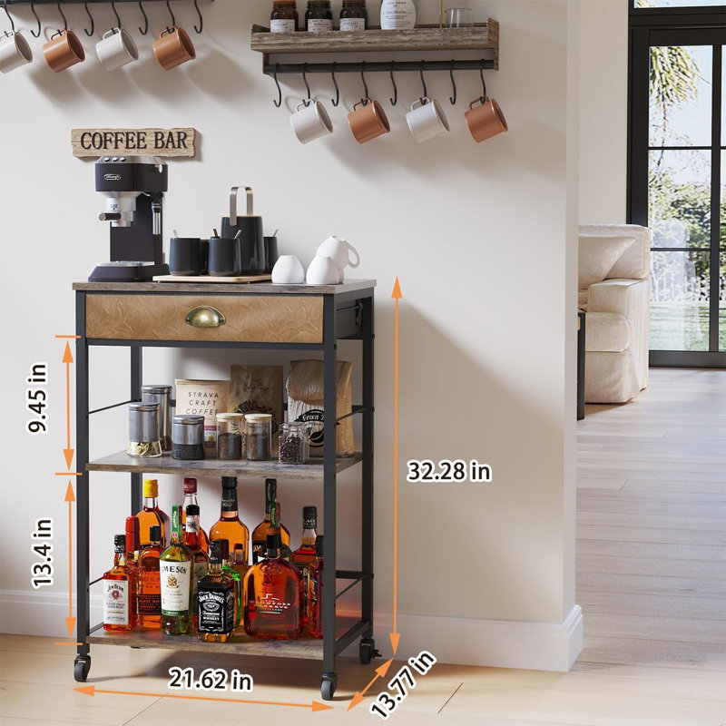 Coffee Bar Cart With Storage, 3-Tier Coffee Table With Drawer For Home Buffets & Sideboards,Coffee Station Corner Table With Rolling Wheels For Kichen, Entryway,(Brown And Black)
