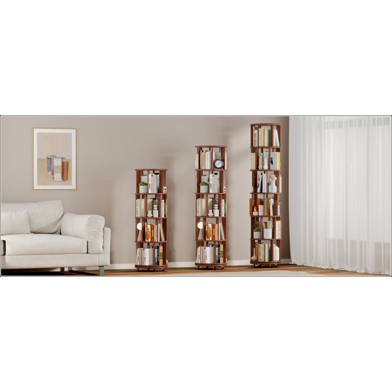 100% Solid Wood 360° Rotating Bookshelf, 6-Tier Round Revolving Book Tower with Wheels, Narrow Rolling Shelf for Small Space, Corner, Bedroom & Office