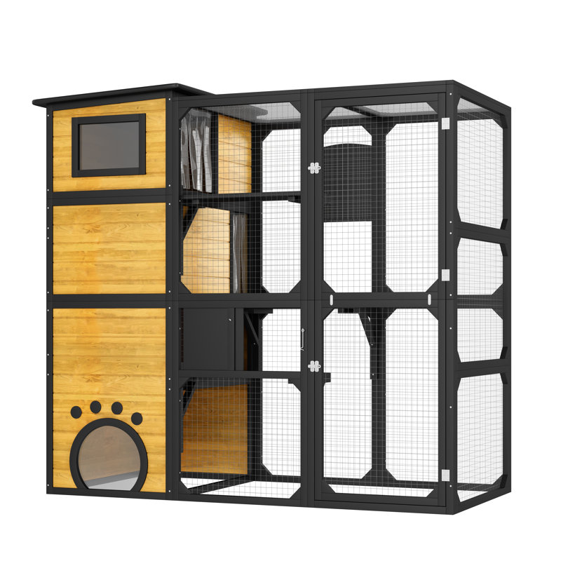 Grand Catio d'extérieur avec accès à la fenêtre - 4 niveaux pour chats, bois de pin résistant aux intempéries et filet métallique