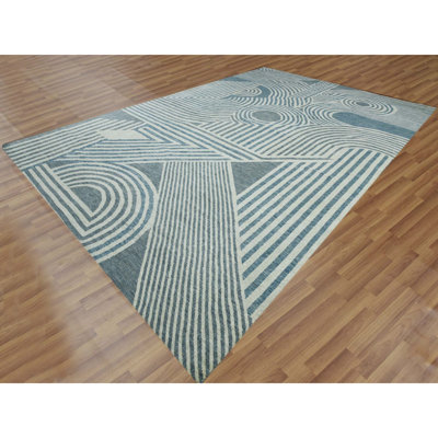 12'2"x18'4" Blue Art Deco Collection Wool Hand Knotted Oversized Rug 3FD3A8663CC84462A75D08C81EC5622B