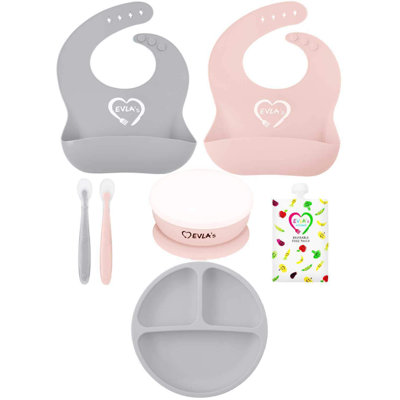 Ensemble d'alimentation pour bébé Evla's, fournitures pour le bébé à la tête, bavoirs en silicone réglables, assiette divisée, bol d'aspiration avec couvercle, cuillères douces pour bébés ou tout-petits