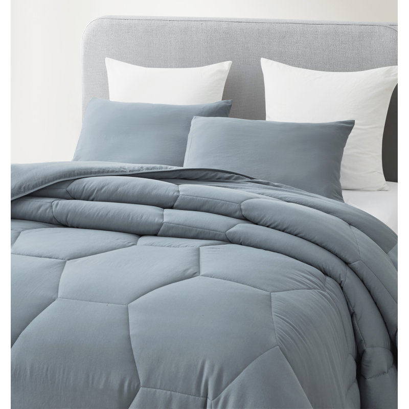 Washed Microfiber Bedding Honeycomb Comforter Set, King Comforter + 2 King Shams, Dusty Blue