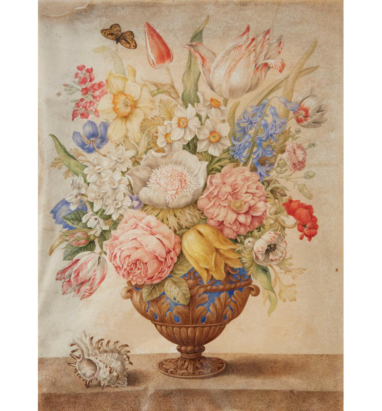 "Flowers in a Lapis-Lazuli Vase on a Marble Top with a Conch Shell and a Monarch Butterfly" by  Giovanna Garzoni - Gallery Wrap Canvas Wall Art