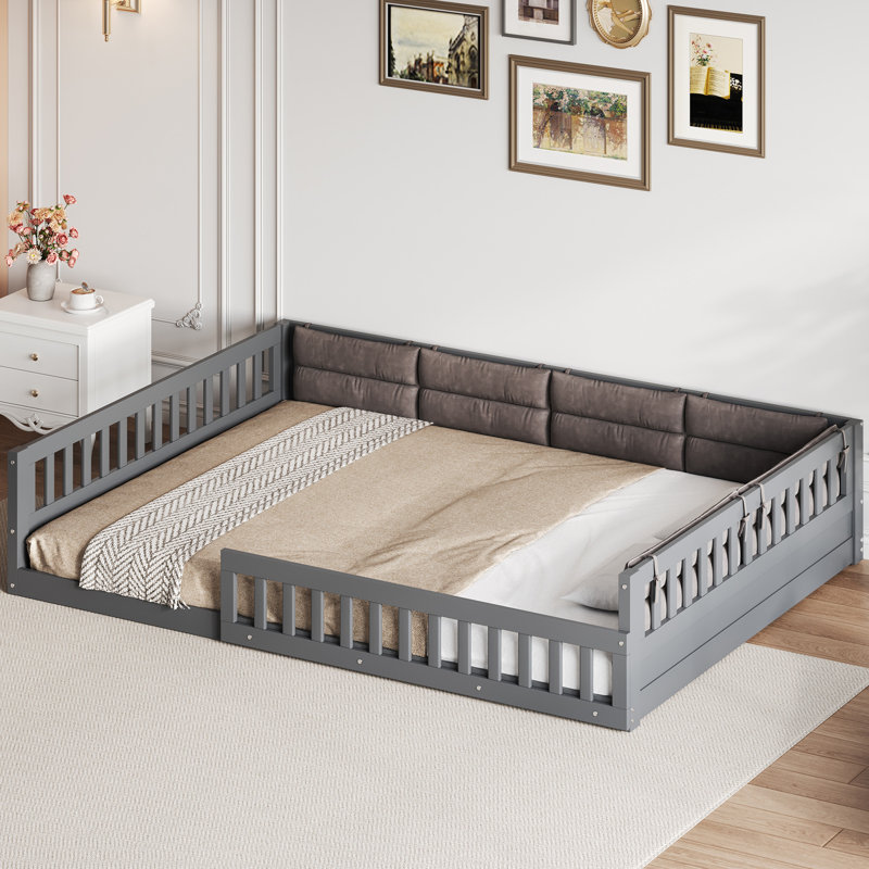 Lit plateforme tapissier en bois pleine grandeur avec garde-corps et coussin, gris, Gris