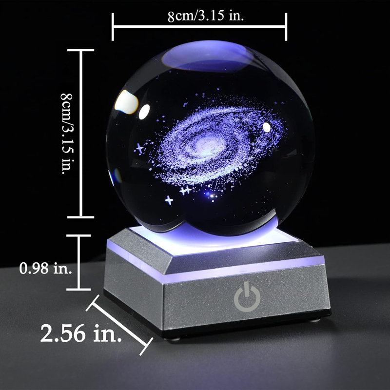 Figurine boule de cristal galaxie gravée au laser 3D avec base à DEL changeant de couleur