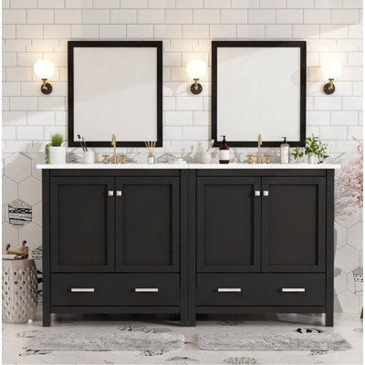 Ensemble de meuble-lavabo double 60 po noir avec deux meubles-lavabos séparés, deux lavabos en céramique, une tablette de rangement et des tiroirs séparés (miroir non inclus)