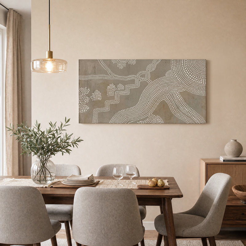 Motif abstrait à pois blancs sur toile texturée beige, 32“W x 16”H