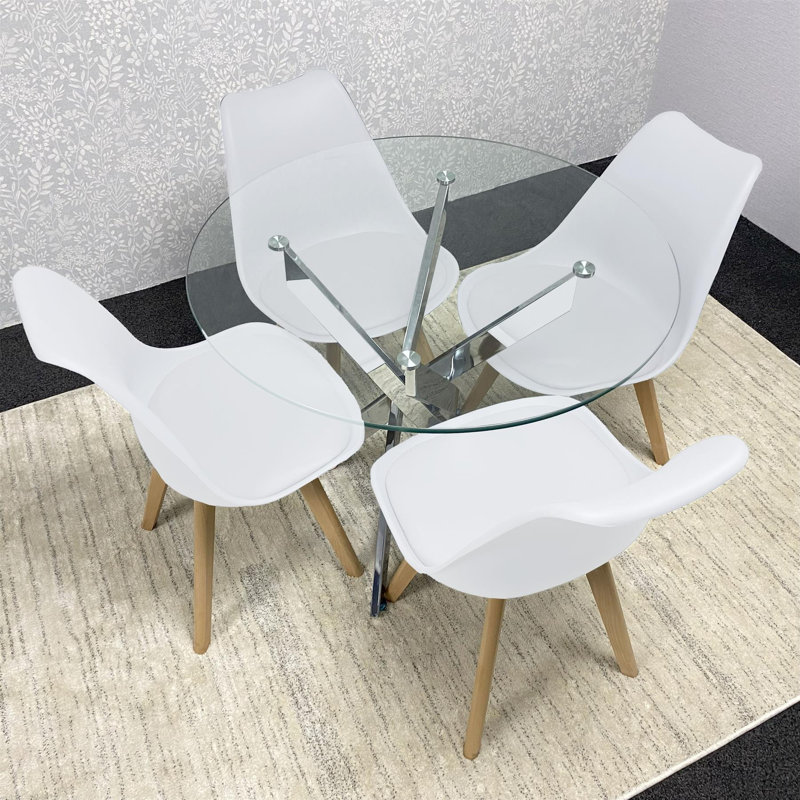 Round Glass Dining Table with Velvet Chairs - Dining Kitchen Room Furniture, White