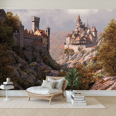 Peel and Stick Wallpaper 96" W x 69" H Modern Self Adhesive Wall Mural for Bedroom Village Castle Medieval Times
