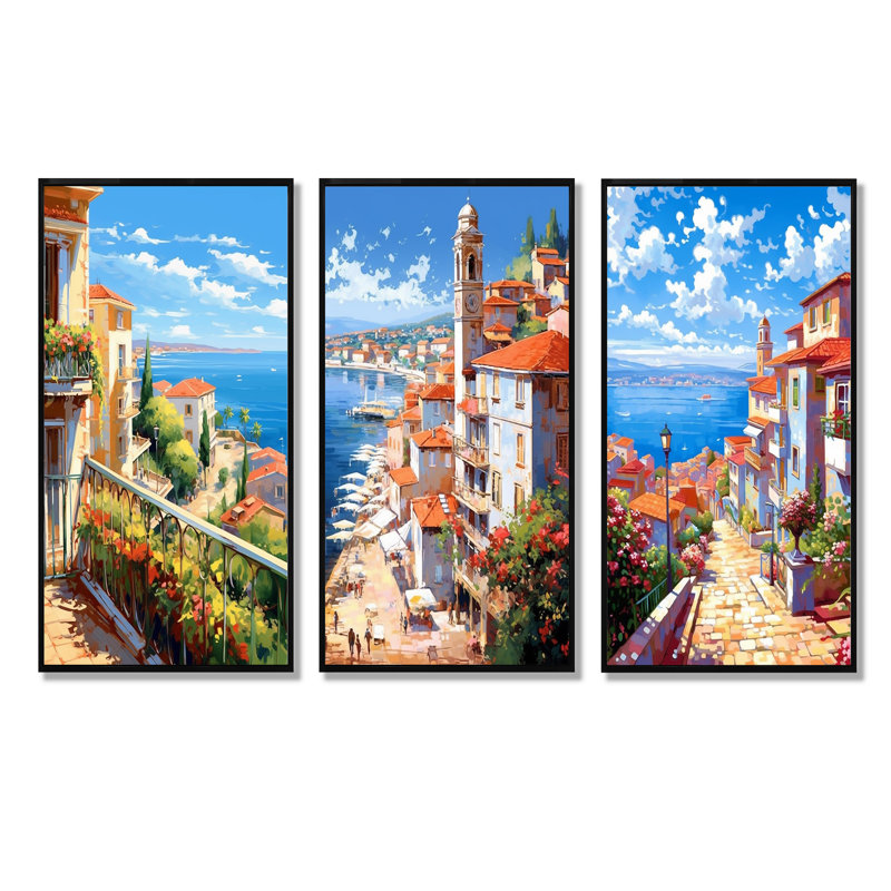Magnifique paysage en Italie - ensemble de 3 reproductions d'art mural en Italie, Cadre flottant noir, H 28 po x l 36 po