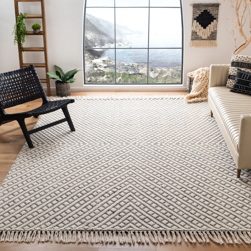 Tapis / laine / coton Barrington ivoire / noir touffeté à la main, Rectangle 6 pi x 9 pi