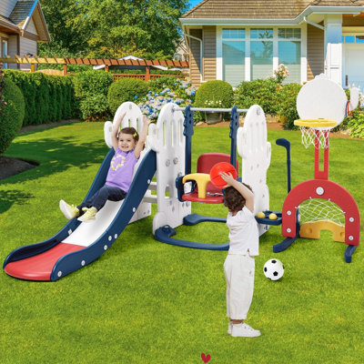 Ensemble de glissade et de balançoire pour tout-petits 7 en 1, jouet d'escalade intérieur et extérieur avec balançoire réglable, panier de basketball, soccer et lancer d'anneau