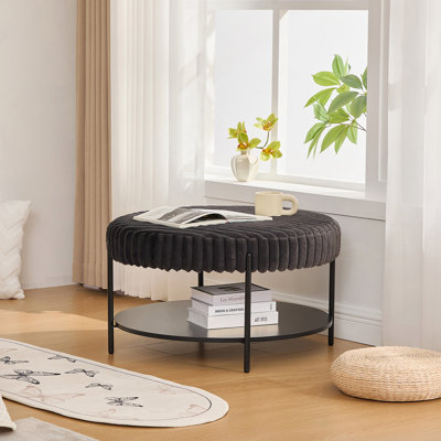 Repose-pieds de 30,9 po de large avec repose-pieds rond et repose-pieds avec pieds en métal noir, repose-pieds avec tablette de rangement ouverte en bois, repose-pieds en fausse fourrure pour le salon, la chambre à coucher et l'entrée. Gris anthracite