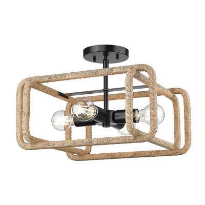 Deltana 4-Light Semi-Flush In Matte Black With Natural Raphia Rope