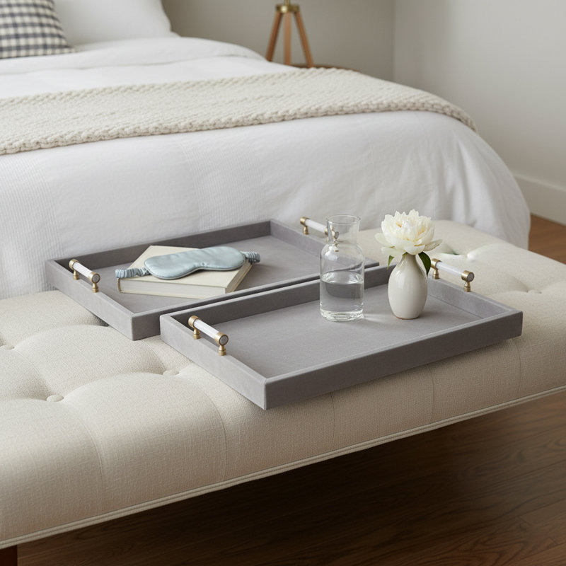 Rectangular Suede Decorative Tray for Home Decor Accent with Moonstone Hardware -  Accent Tray Perfect for Ottoman Styling - Set of 2, 20", Gray