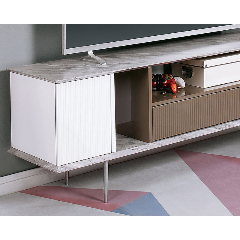 Base de console de télévision de style moderne moderne avec tablette ouverte et glissières à roulement à billes attachées à un tiroir avec dessus en champagne avec champagne ultrabrillant