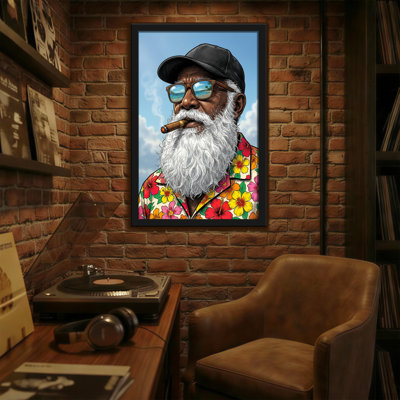 Fashion Colorful Floral Shirt Bearded Man Cigar Hat Sunglasses Sky Background