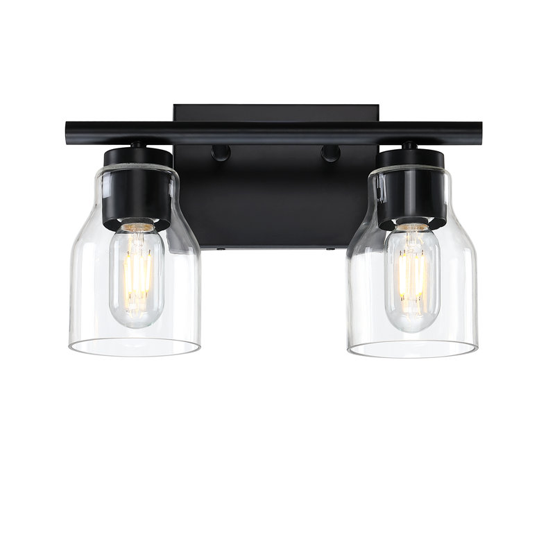 Éclairage pour salle de bain 2 lumières noir mat 13 po avec abat-jour en verre transparent, Noir, 2